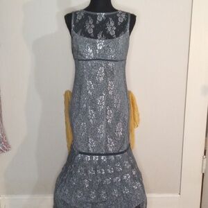 Vintage La Nuit Elegant Gray Flapper Style Lace Metallic Dress Size 4